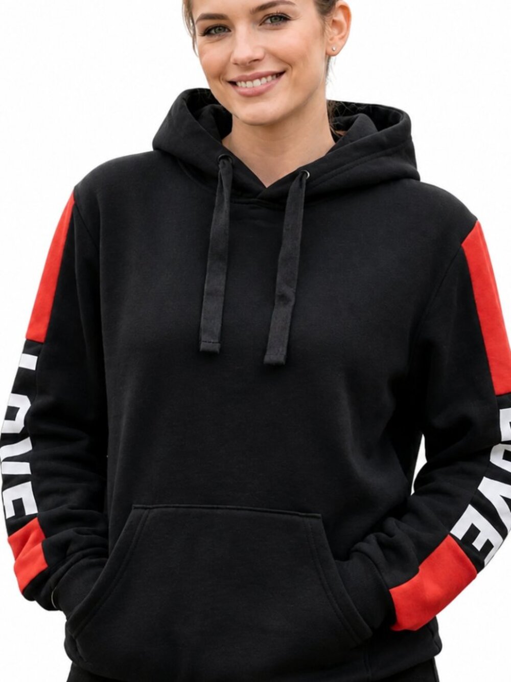 Womens Large Black Graphic Hoodie Red Stripe Sleeve Pullover Sweatshirt College